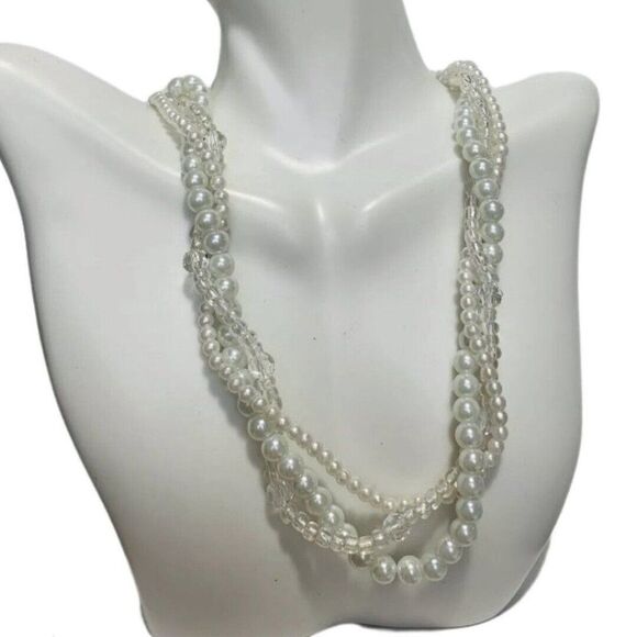 Vintage Twisted Braided Graduated White Faux Pearl Layered Beaded Necklace 17” - Picture 2 of 7